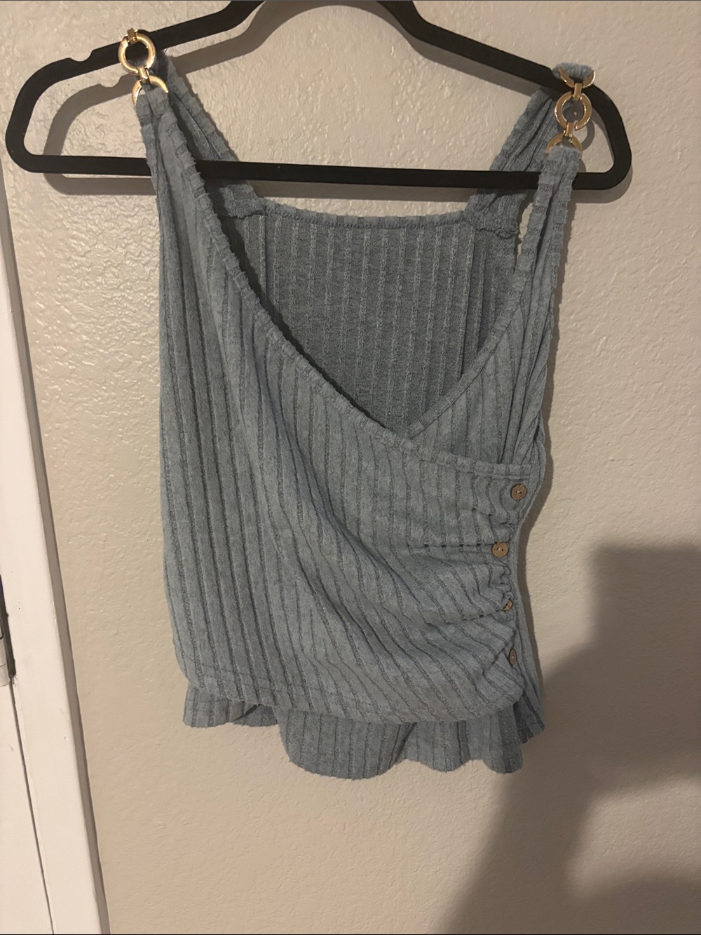 Ribbed V-Neck Tank Top with Button Detail - Light Blue